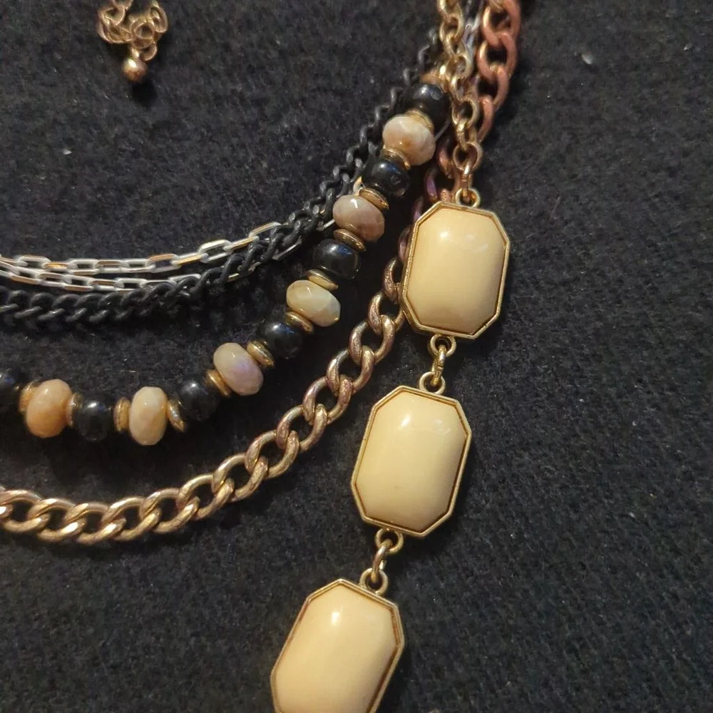 NY and Co Gold Tone Cream Multi Strand Neutral Colors Statement Necklace
